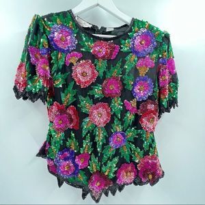 Laurence Kazar Beaded Pink Black and Purple Silk Floral Top, size Large